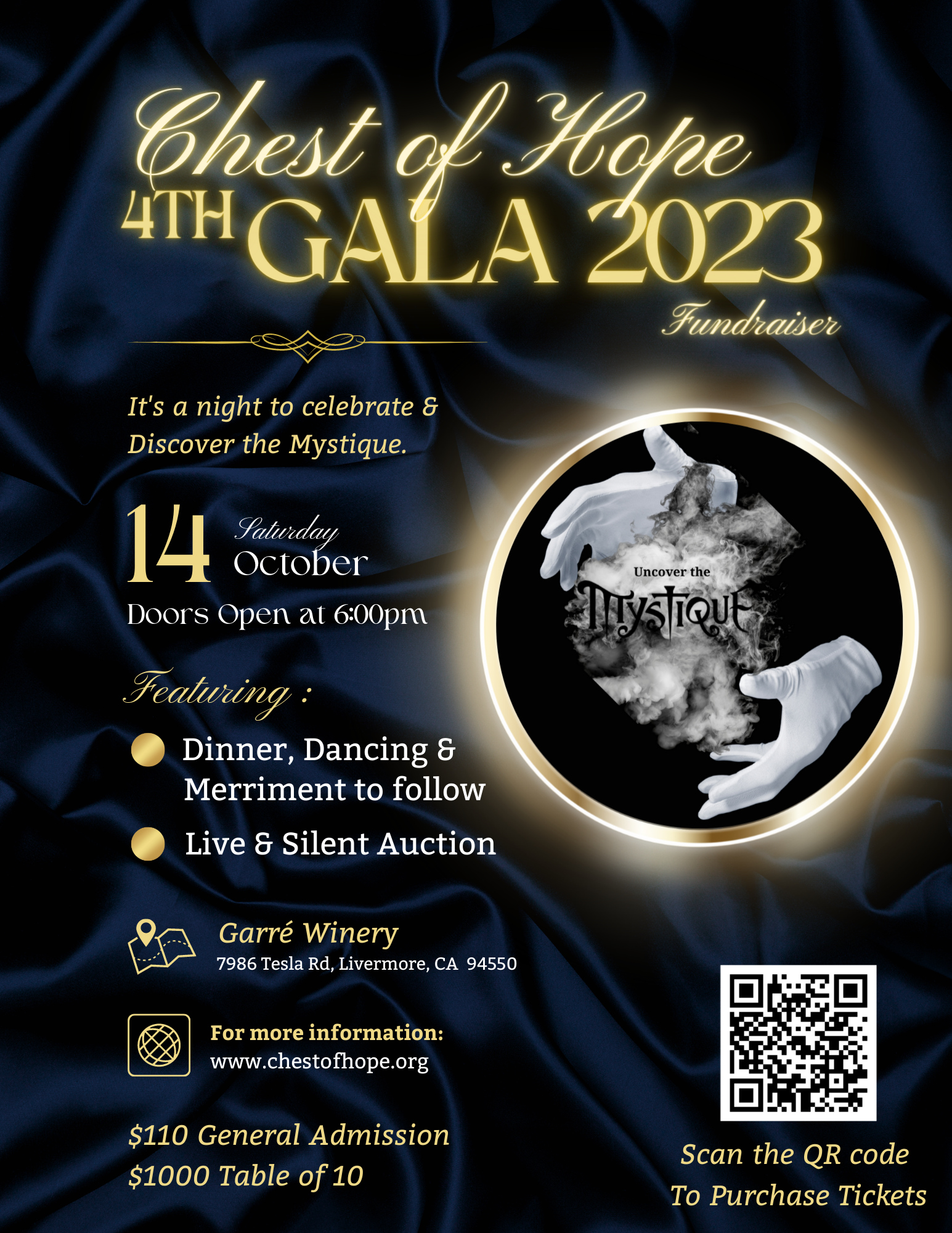 Chest of Hope 4th Gala 2023. It's a night to celebrate & Discover the Mystique. Saturday evening, October 14, Livermore, California. Featuring Dinner, Dancing, and. a live and silent auction. $110 General Admission $1,000 Table of 10.